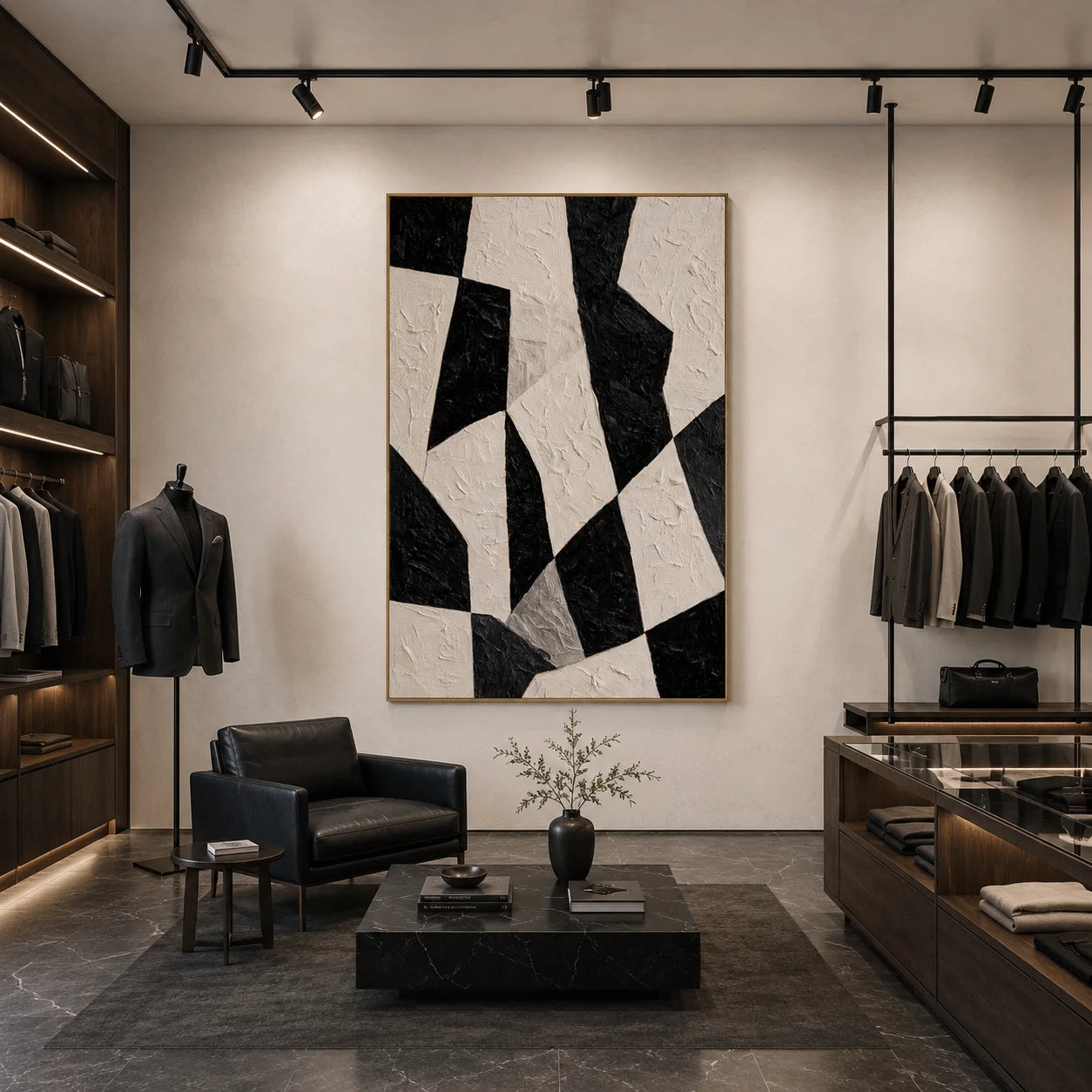 Black and White Minimalist Geometric Hand-Painted Oil Painting | Modern Abstract Textured Wall Art for Living Room, Bedroom and Entryway