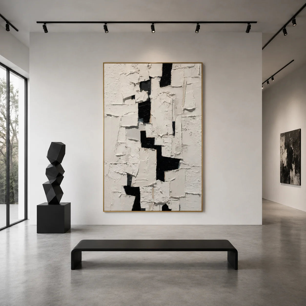 Black and White Minimalist Geometric Textured Hand-Painted Oil Painting | Modern Palette Knife Abstract Wall Art for Living Room, Bedroom and Entryway