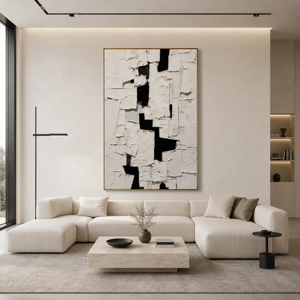 Black and White Minimalist Geometric Textured Hand-Painted Oil Painting | Modern Palette Knife Abstract Wall Art for Living Room, Bedroom and Entryway
