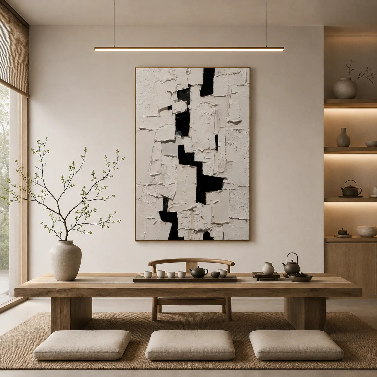 Black and White Minimalist Geometric Textured Hand-Painted Oil Painting | Modern Palette Knife Abstract Wall Art for Living Room, Bedroom and Entryway