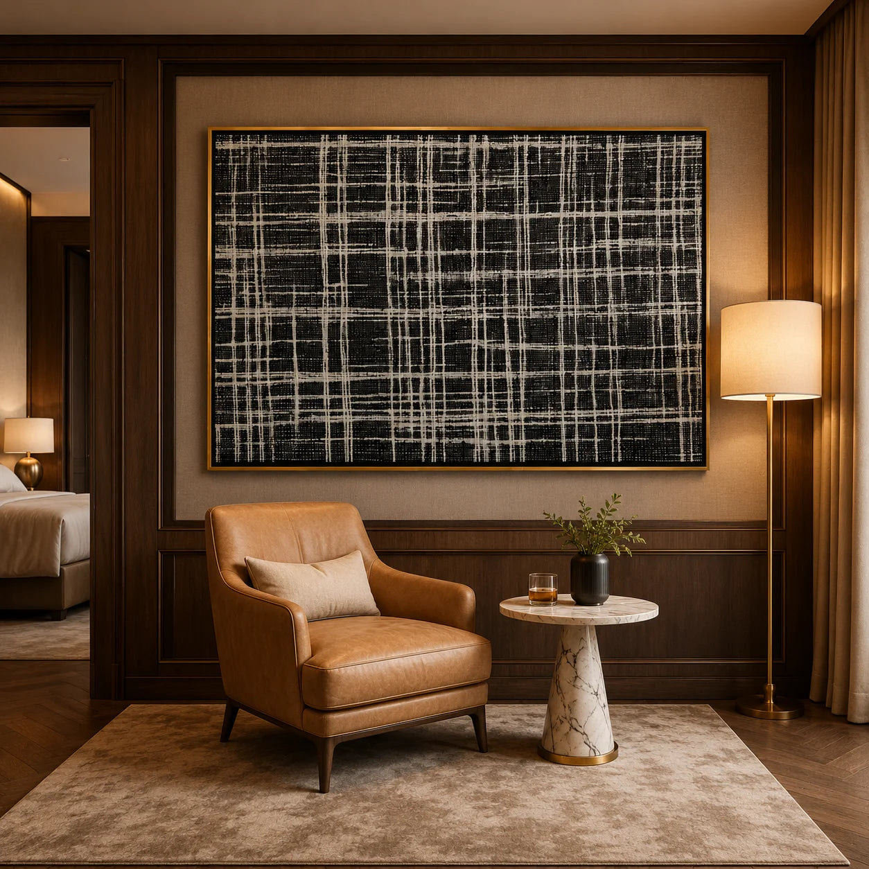 Black and White Plaid Hand-Painted Oil Painting, Modern Textured Abstract Canvas Wall Art for Luxury Home Decor#OA 0946