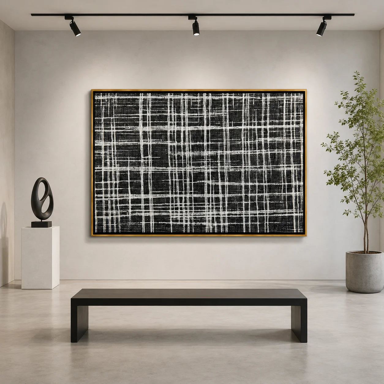 Black and White Plaid Hand-Painted Oil Painting, Modern Textured Abstract Canvas Wall Art for Luxury Home Decor#OA 0946