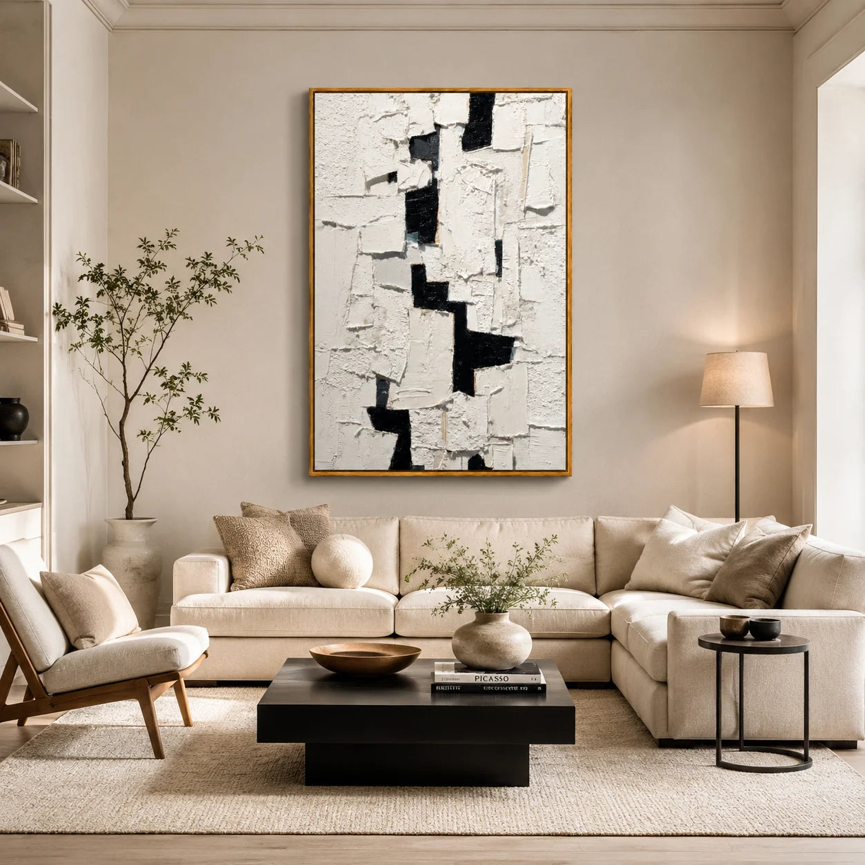 Black and White Textured Abstract Oil Painting, Hand-Painted Geometric Wall Art for Modern Minimalist Home Decor#OA 1000