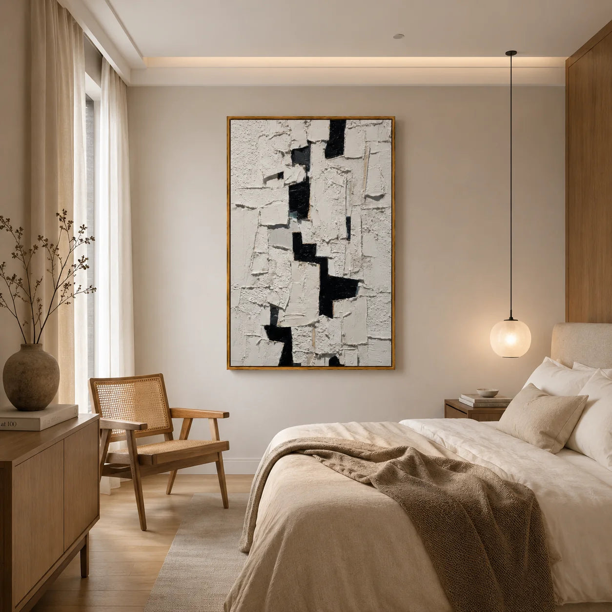 Black and White Textured Abstract Oil Painting, Hand-Painted Geometric Wall Art for Modern Minimalist Home Decor#OA 1000
