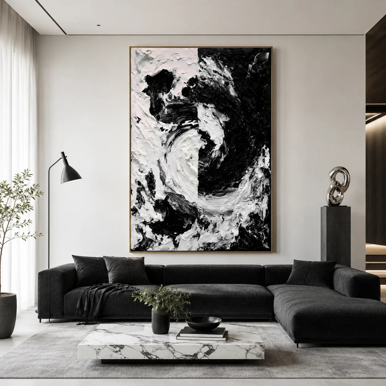 Black and White Textured Abstract Oil Painting – Vertical Impasto Wall Art # OA 1197