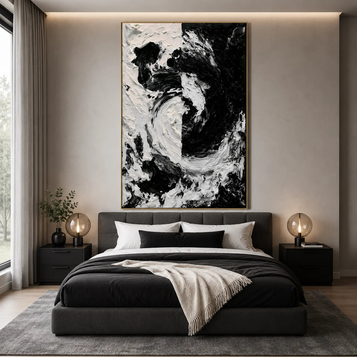 Black and White Textured Abstract Oil Painting – Vertical Impasto Wall Art # OA 1197