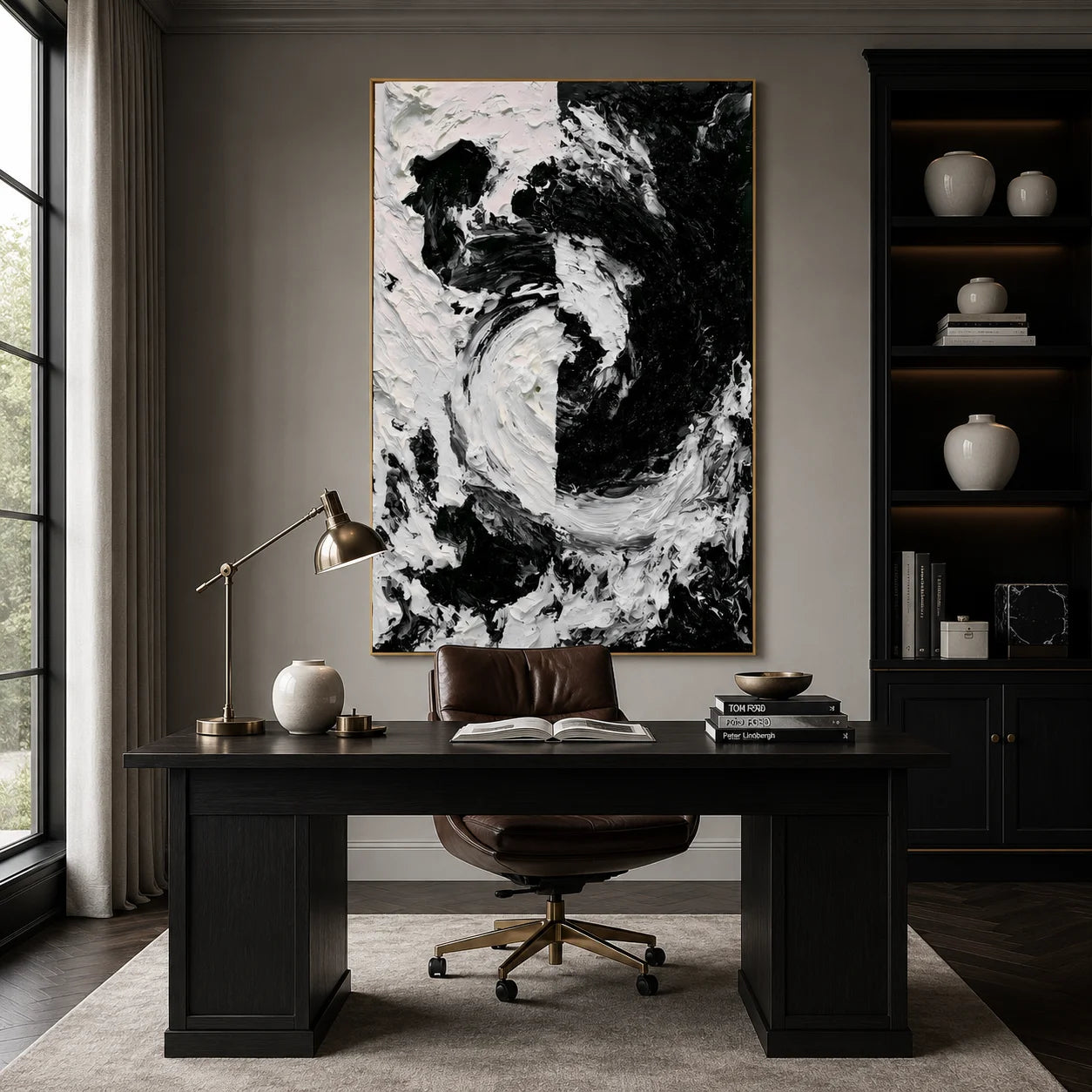 Black and White Textured Abstract Oil Painting – Vertical Impasto Wall Art # OA 1197