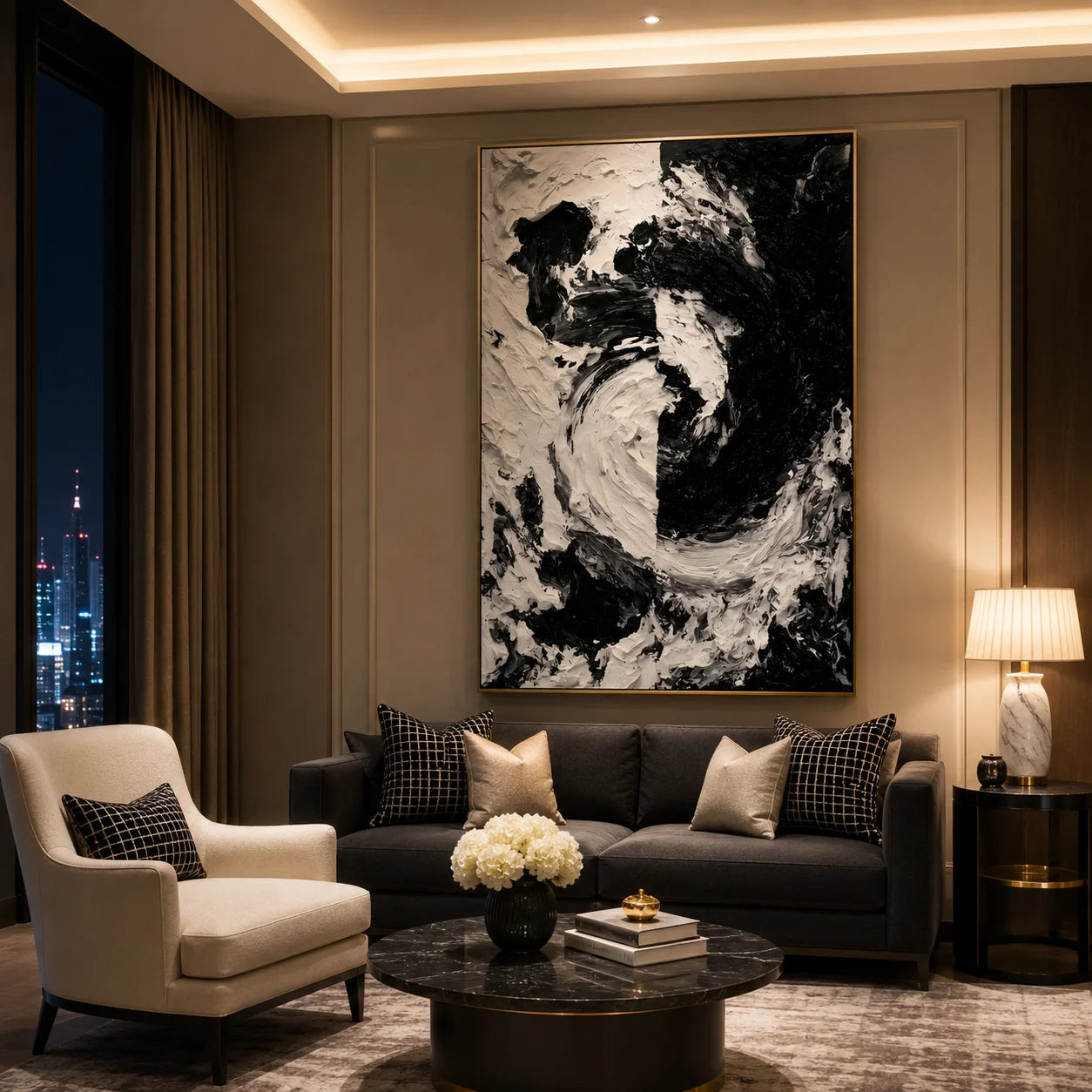 Black and White Textured Abstract Oil Painting – Vertical Impasto Wall Art # OA 1197