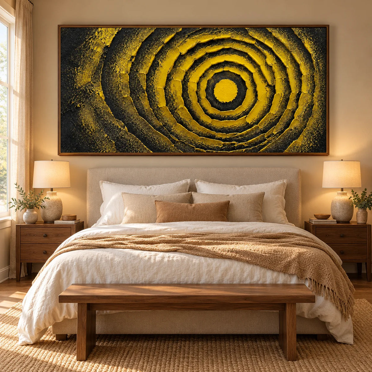 Ownanart Black and Yellow Abstract Oil Painting – Hand-Painted Textured Concentric Circle Wall Art