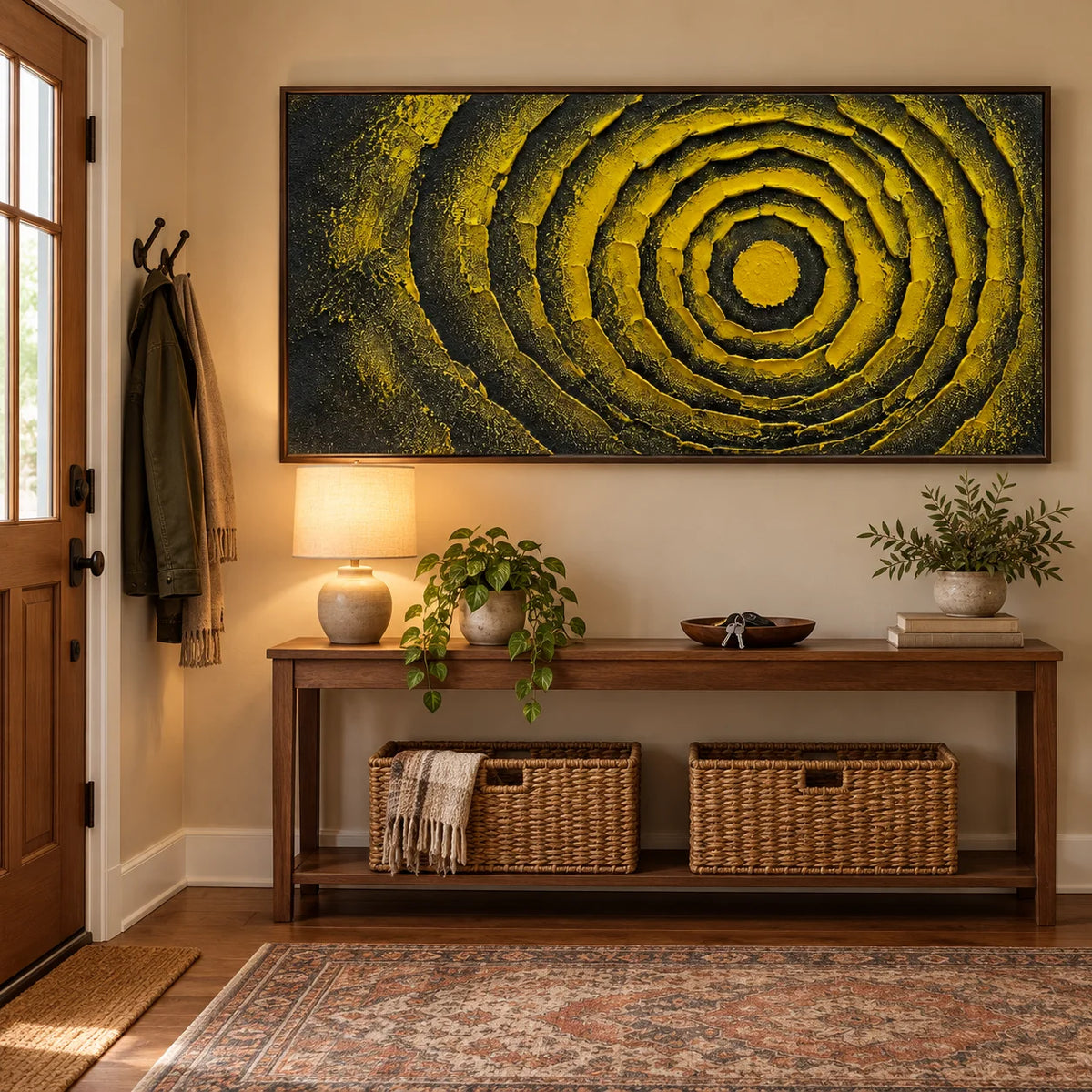 Ownanart Black and Yellow Abstract Oil Painting – Hand-Painted Textured Concentric Circle Wall Art