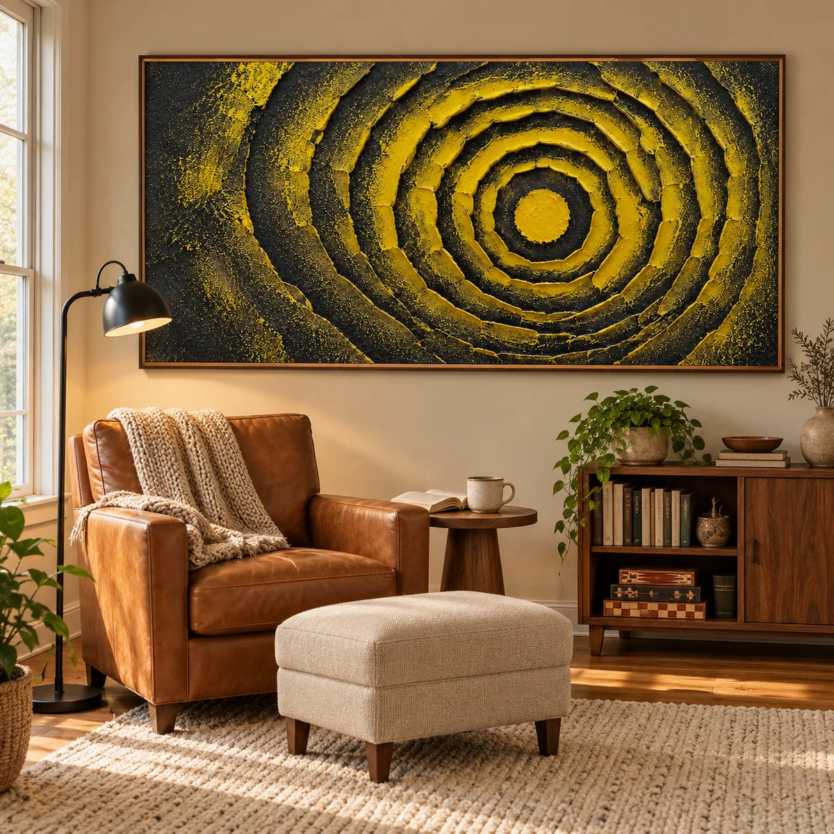 Ownanart Black and Yellow Abstract Oil Painting – Hand-Painted Textured Concentric Circle Wall Art