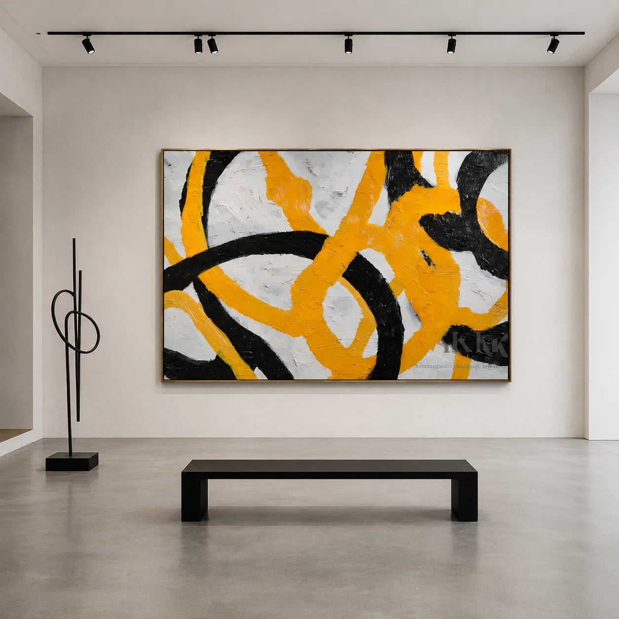 Black and Yellow Modern Abstract Hand-Painted Oil Painting | Textured Geometric Line Wall Art # OA 1075