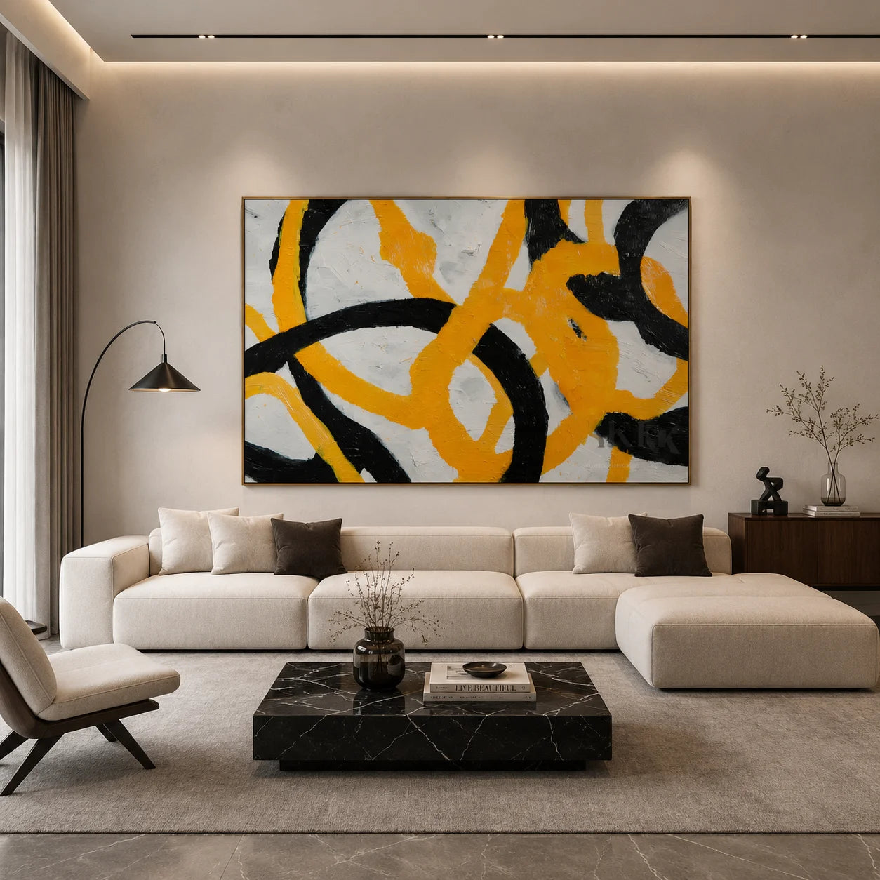 Black and Yellow Modern Abstract Hand-Painted Oil Painting | Textured Geometric Line Wall Art # OA 1075