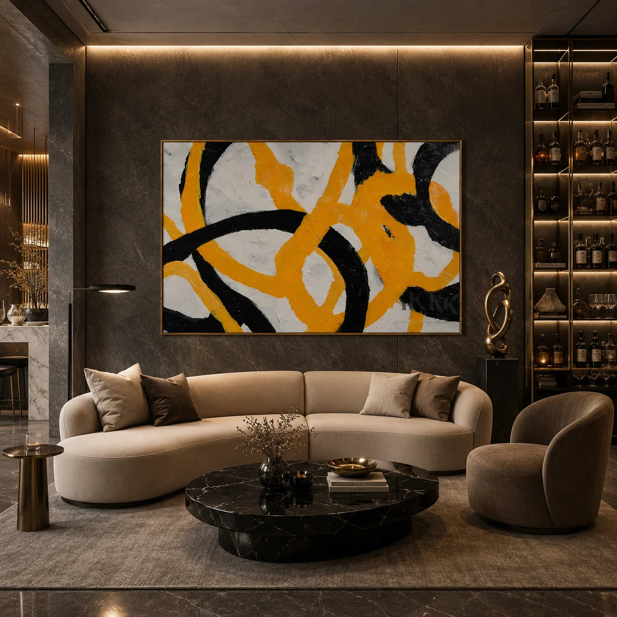 Black and Yellow Modern Abstract Hand-Painted Oil Painting | Textured Geometric Line Wall Art # OA 1075