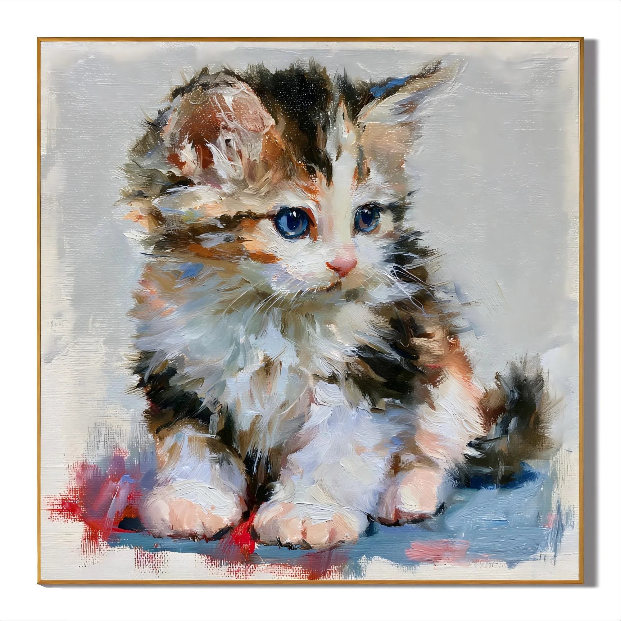 Blue-Eyed Kitten Hand-Painted Oil Painting | Cute Cat Portrait Wall Art for Living Room, Bedroom, and Nursery Decor