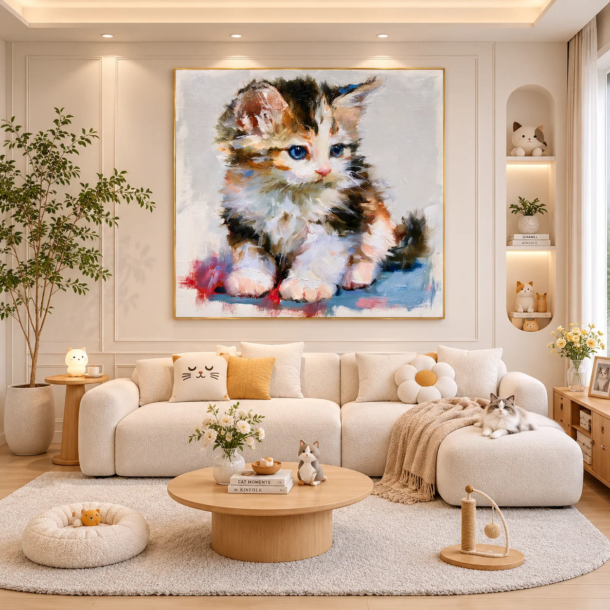 Blue-Eyed Kitten Hand-Painted Oil Painting | Cute Cat Portrait Wall Art for Living Room, Bedroom, and Nursery Decor