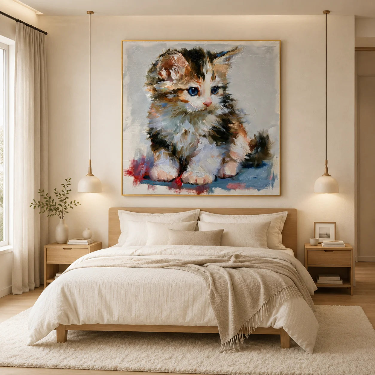 Blue-Eyed Kitten Hand-Painted Oil Painting | Cute Cat Portrait Wall Art for Living Room, Bedroom, and Nursery Decor