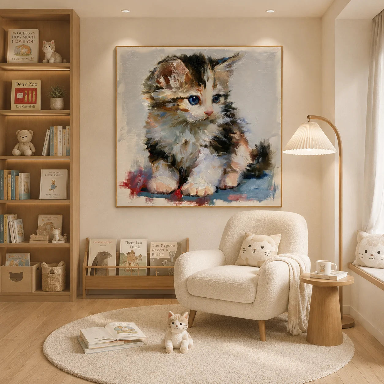 Blue-Eyed Kitten Hand-Painted Oil Painting | Cute Cat Portrait Wall Art for Living Room, Bedroom, and Nursery Decor