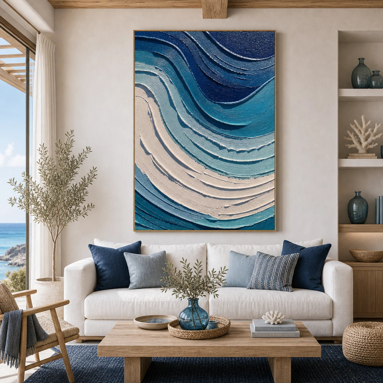 Blue Abstract Ocean Wave Textured Oil Painting, Hand-Painted Coastal Wall Art for Modern Living Room Decor OA # 1106