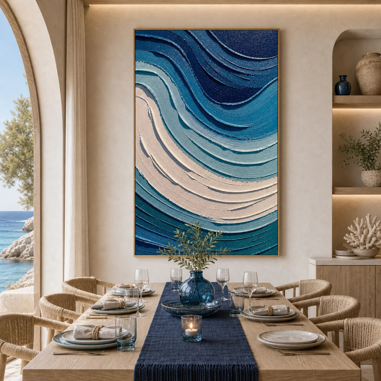 Blue Abstract Ocean Wave Textured Oil Painting, Hand-Painted Coastal Wall Art for Modern Living Room Decor OA # 1106