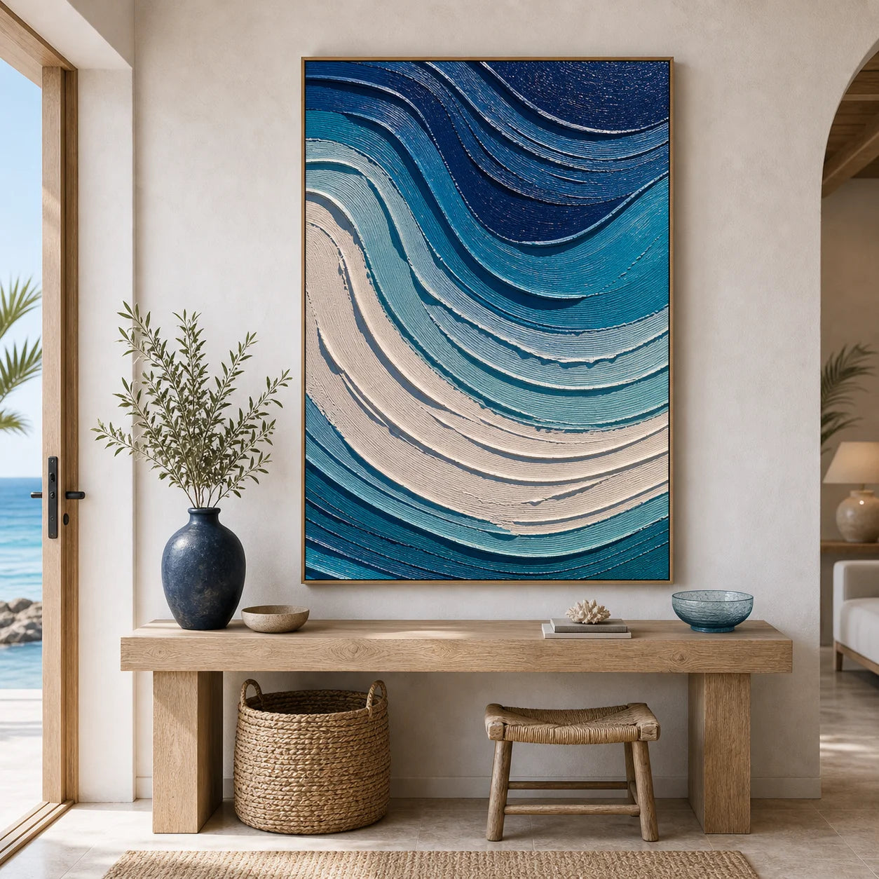 Blue Abstract Ocean Wave Textured Oil Painting, Hand-Painted Coastal Wall Art for Modern Living Room Decor OA # 1106