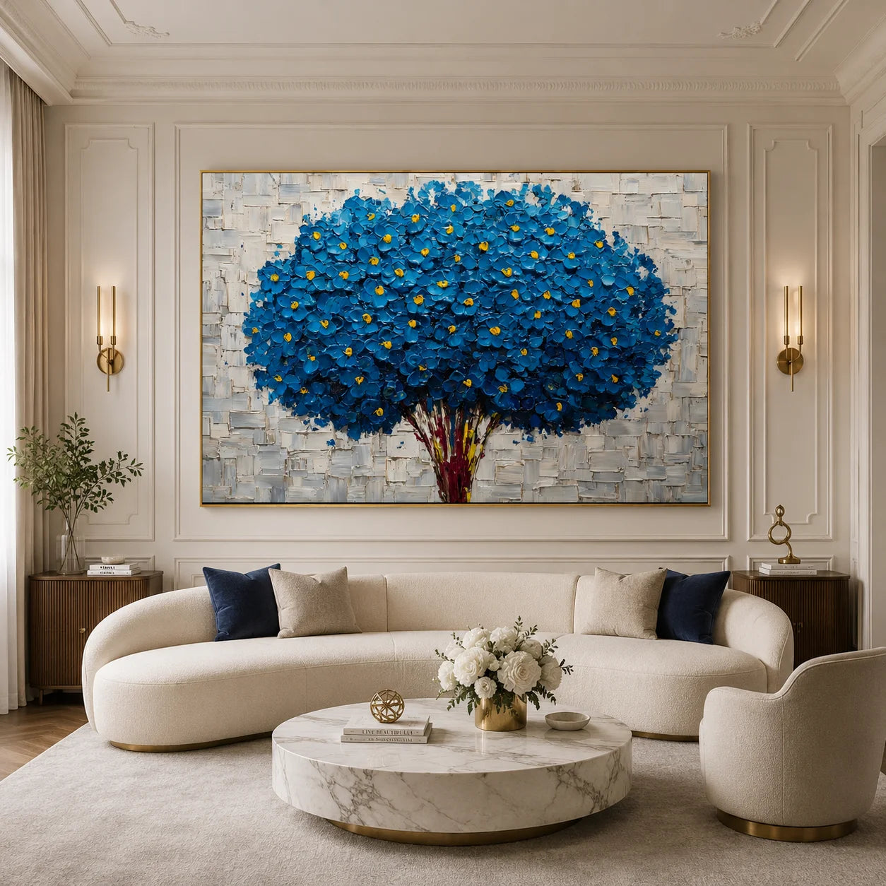 Blue Flower Bouquet Hand-Painted Oil Painting, Textured Floral Wall Art for Modern Home Decor # OA 1055