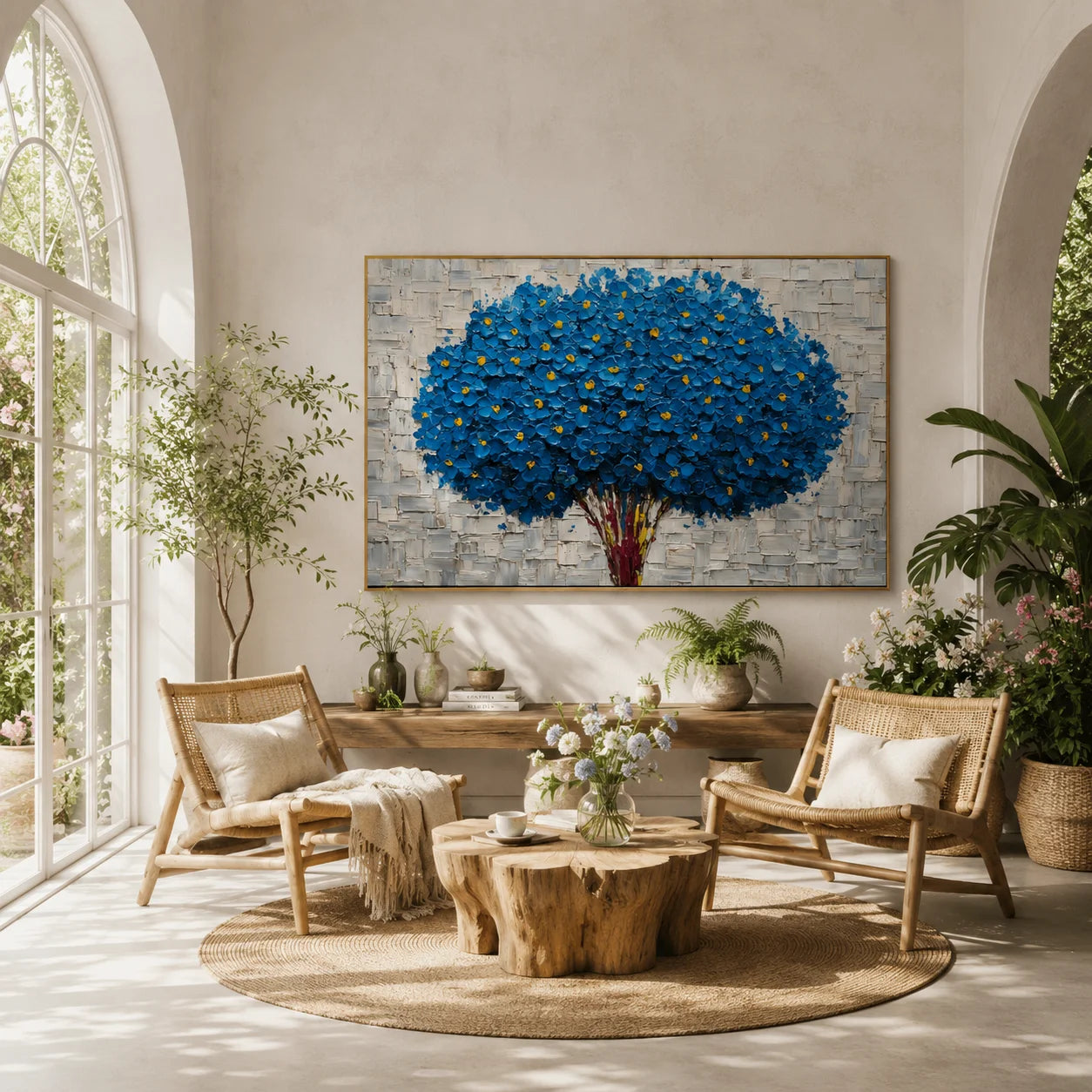 Blue Flower Bouquet Hand-Painted Oil Painting, Textured Floral Wall Art for Modern Home Decor # OA 1055