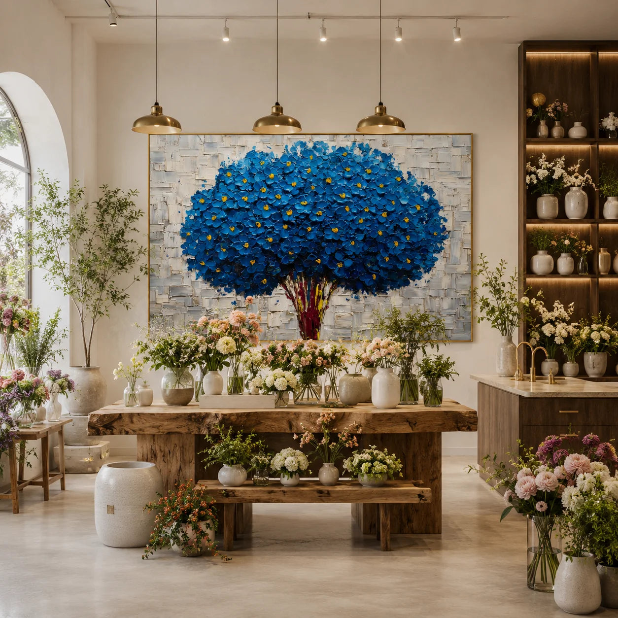 Blue Flower Bouquet Hand-Painted Oil Painting, Textured Floral Wall Art for Modern Home Decor # OA 1055