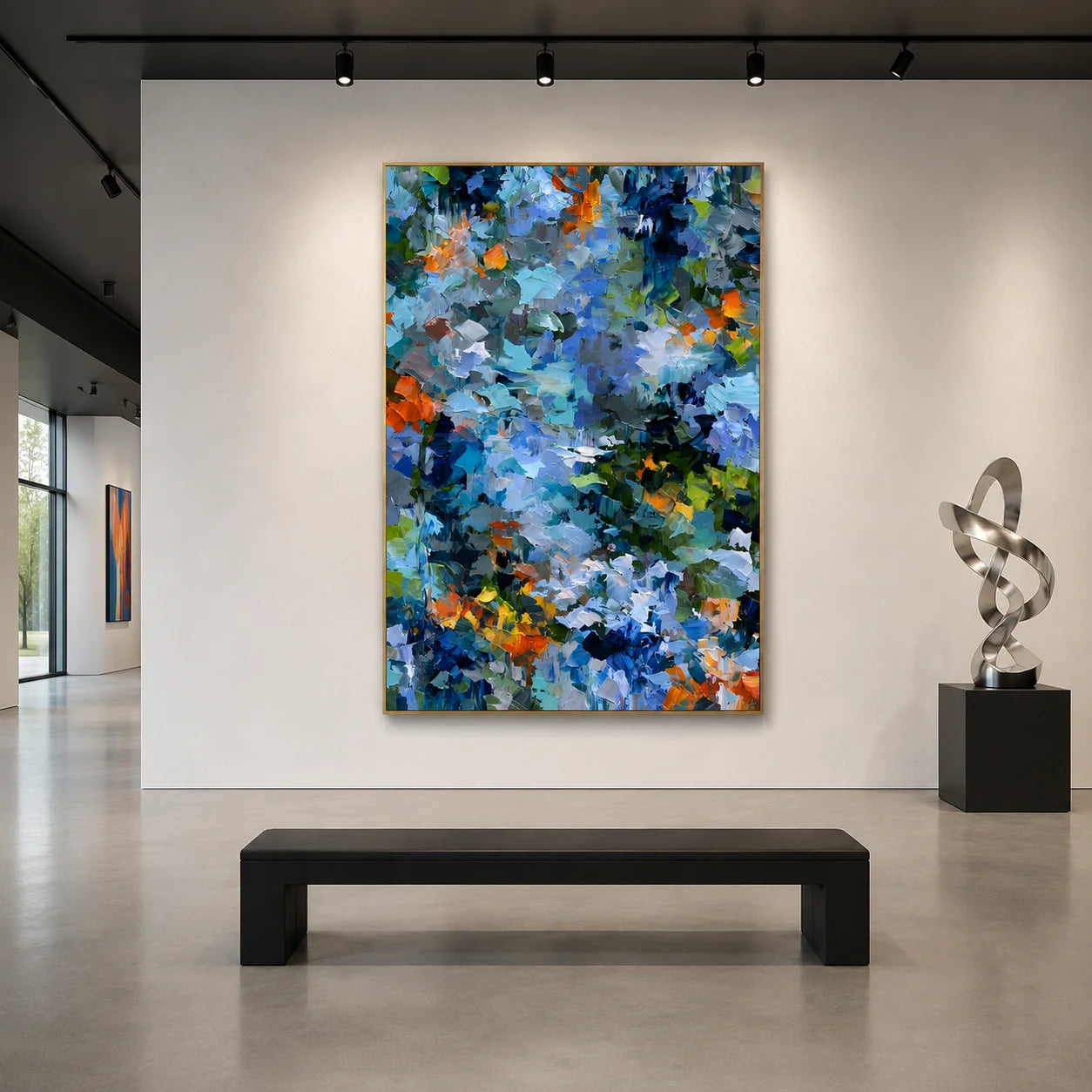 Blue Green Abstract Garden Hand-Painted Oil Painting | Textured Palette Knife Floral Wall Art with Orange Accents for Modern Interiors