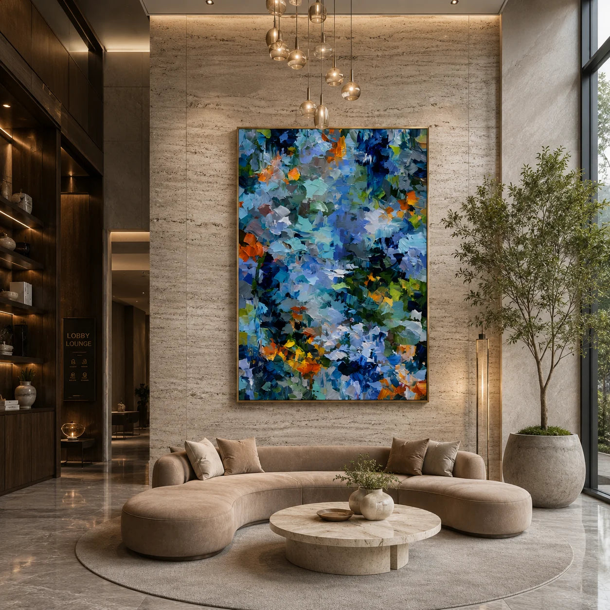 Blue Green Abstract Garden Hand-Painted Oil Painting | Textured Palette Knife Floral Wall Art with Orange Accents for Modern Interiors