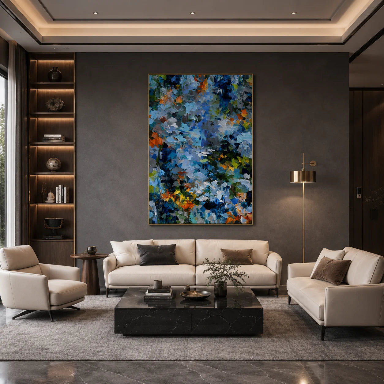 Blue Green Abstract Garden Hand-Painted Oil Painting | Textured Palette Knife Floral Wall Art with Orange Accents for Modern Interiors