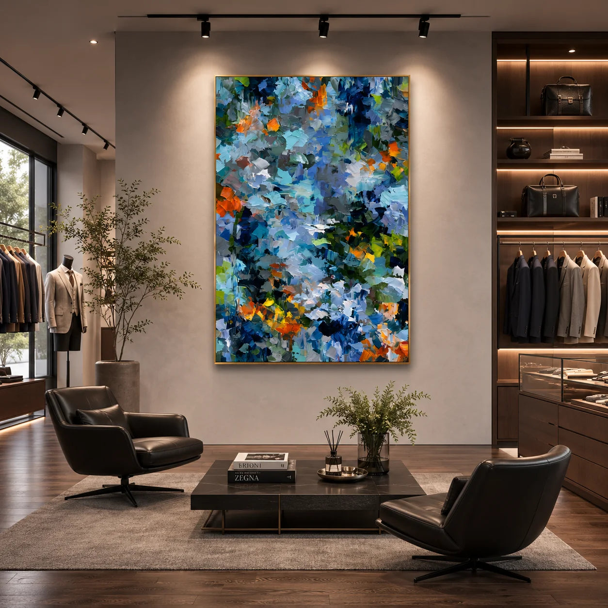 Blue Green Abstract Garden Hand-Painted Oil Painting | Textured Palette Knife Floral Wall Art with Orange Accents for Modern Interiors