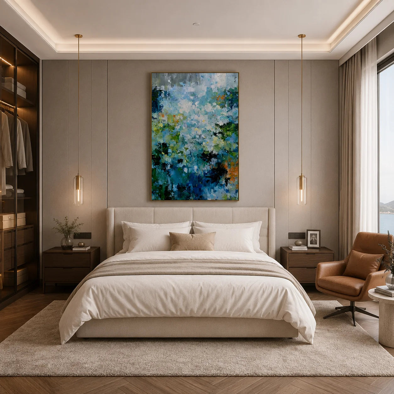 Blue Green Abstract Garden Oil Painting – Vertical Impasto Botanical Wall Art # OA 1198