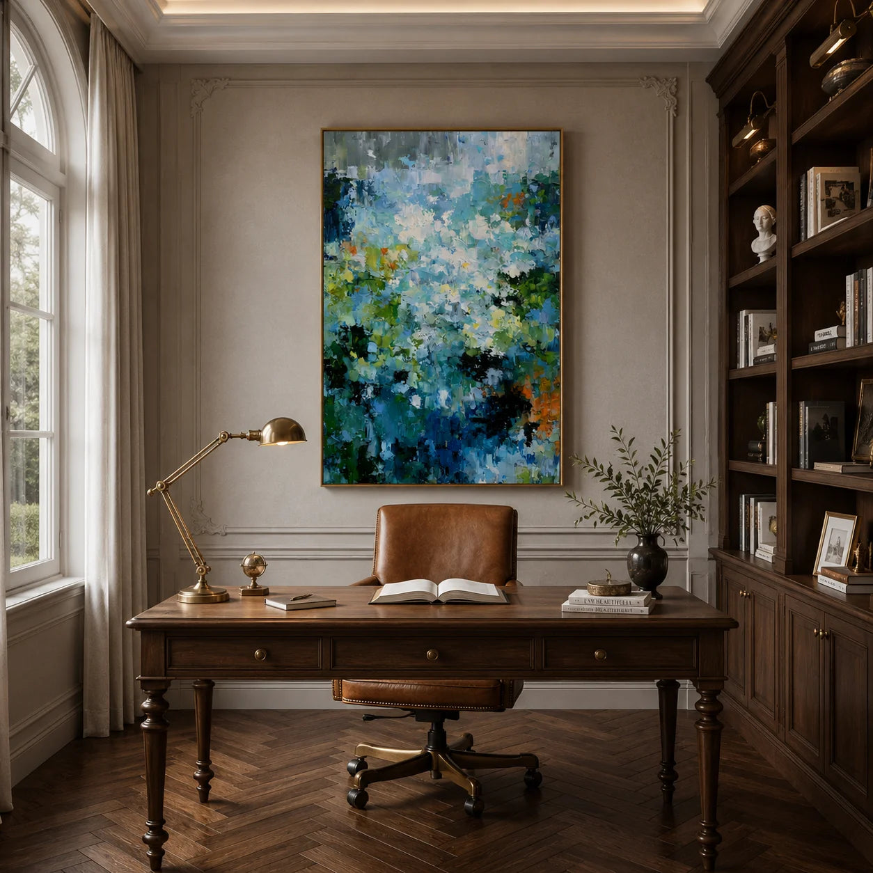 Blue Green Abstract Garden Oil Painting – Vertical Impasto Botanical Wall Art # OA 1198