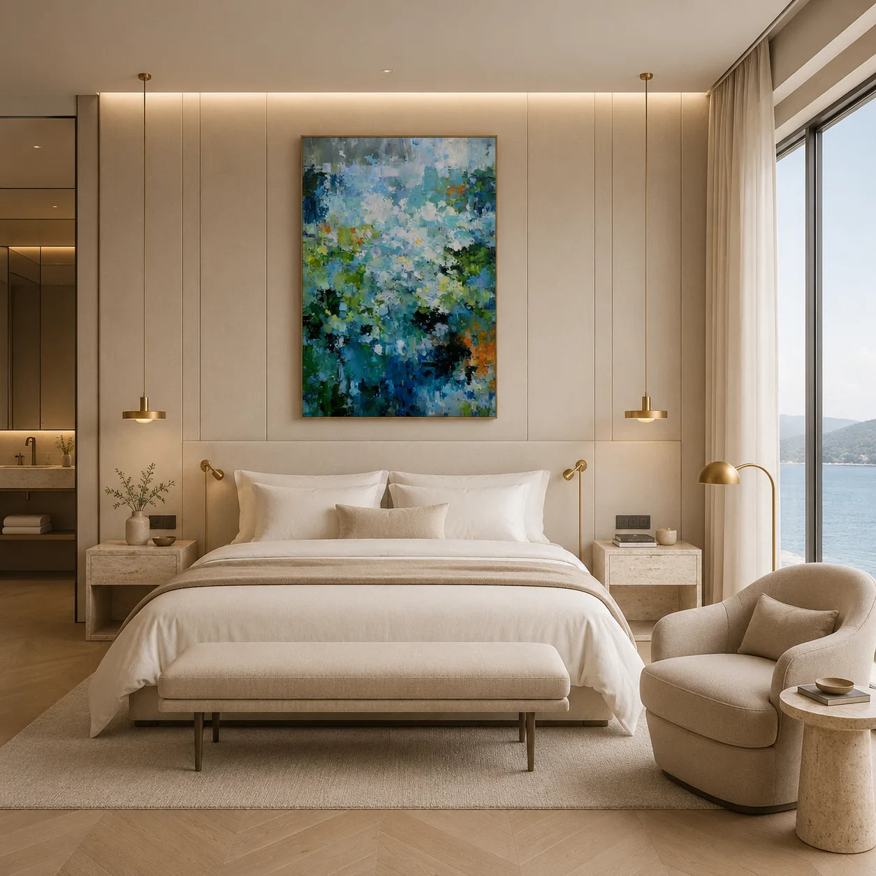 Blue Green Abstract Garden Oil Painting – Vertical Impasto Botanical Wall Art # OA 1198