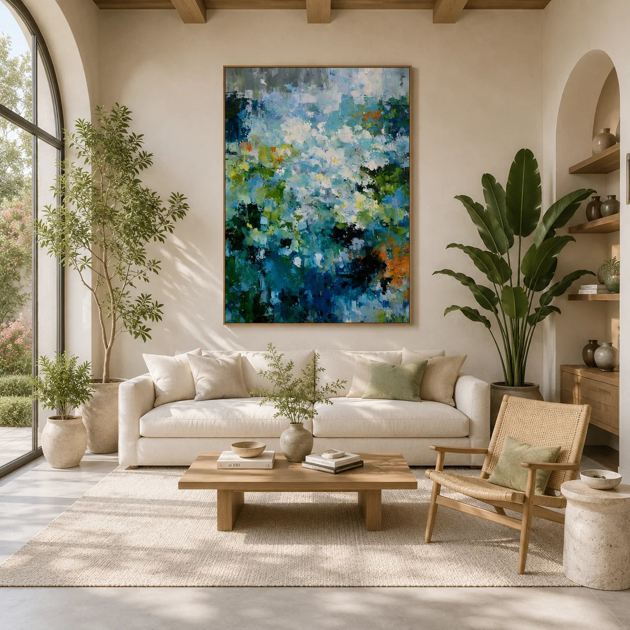 Blue Green Abstract Garden Oil Painting – Vertical Impasto Botanical Wall Art # OA 1198