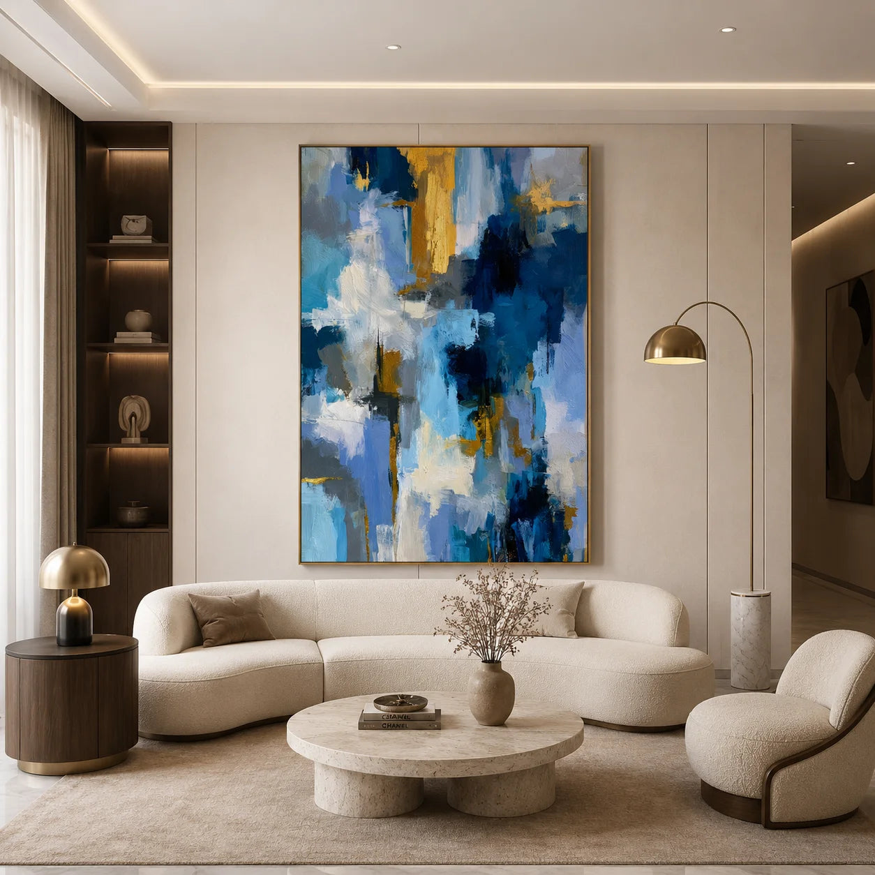 Blue White and Gold Modern Abstract Hand-Painted Oil Painting | Luxury Contemporary Wall Art for Living Room, Bedroom and Entryway