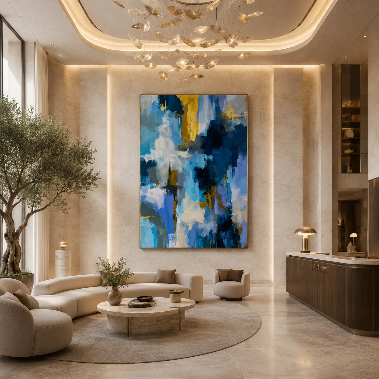 Blue White and Gold Modern Abstract Hand-Painted Oil Painting | Luxury Contemporary Wall Art for Living Room, Bedroom and Entryway