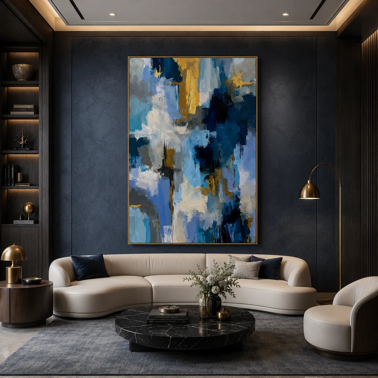 Blue White and Gold Modern Abstract Hand-Painted Oil Painting | Luxury Contemporary Wall Art for Living Room, Bedroom and Entryway