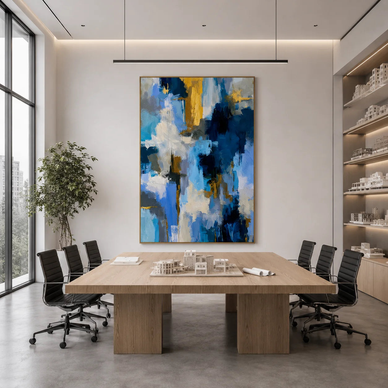 Blue White and Gold Modern Abstract Hand-Painted Oil Painting | Luxury Contemporary Wall Art for Living Room, Bedroom and Entryway