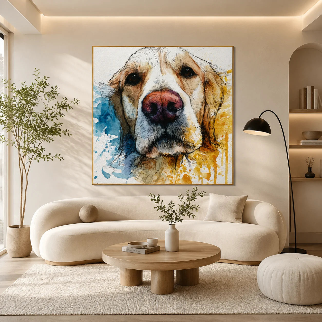 Blue and Gold Golden Retriever Portrait Hand-Painted Oil Painting | Modern Watercolor-Inspired Dog Wall Art for Living Room and Bedroom
