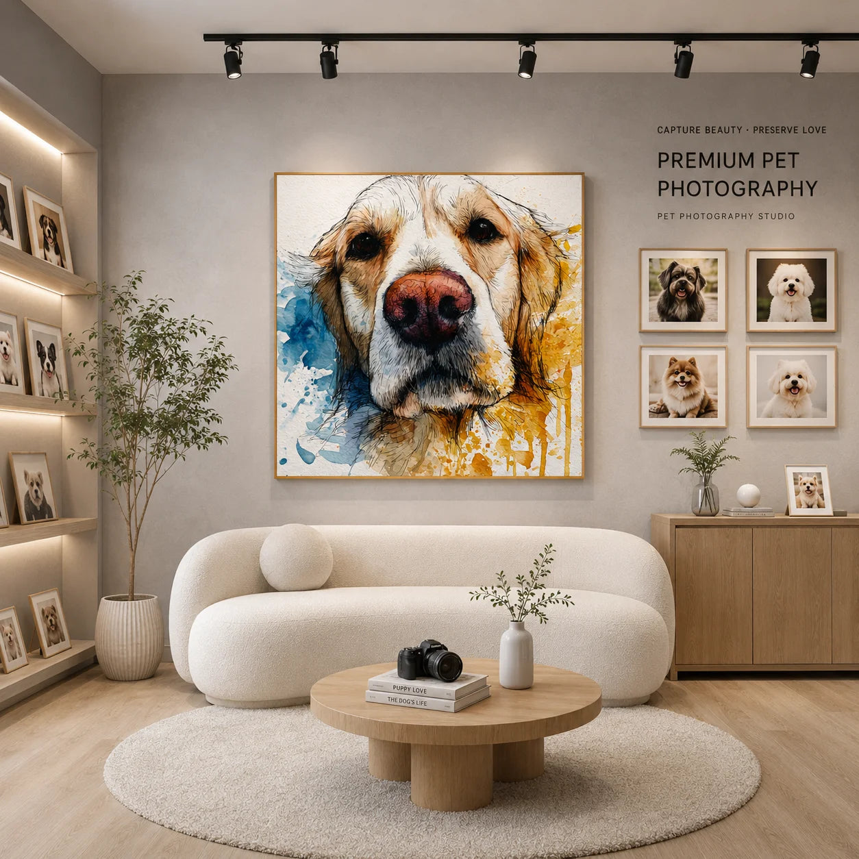 Blue and Gold Golden Retriever Portrait Hand-Painted Oil Painting | Modern Watercolor-Inspired Dog Wall Art for Living Room and Bedroom