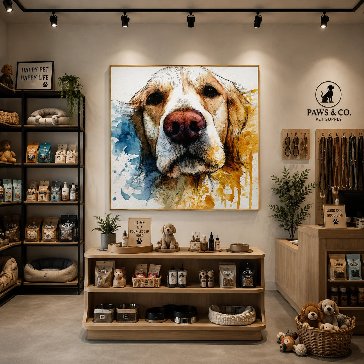 Blue and Gold Golden Retriever Portrait Hand-Painted Oil Painting | Modern Watercolor-Inspired Dog Wall Art for Living Room and Bedroom
