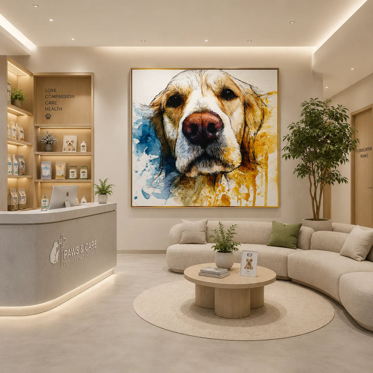 Blue and Gold Golden Retriever Portrait Hand-Painted Oil Painting | Modern Watercolor-Inspired Dog Wall Art for Living Room and Bedroom
