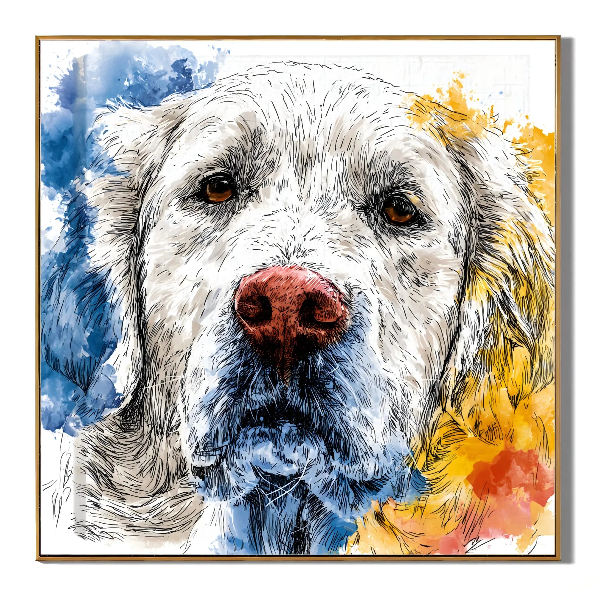 Blue and Yellow Cream Golden Retriever Portrait Hand-Painted Oil Painting | Modern Watercolor-Inspired Dog Wall Art for Living Room and Bedroom # OA 1134