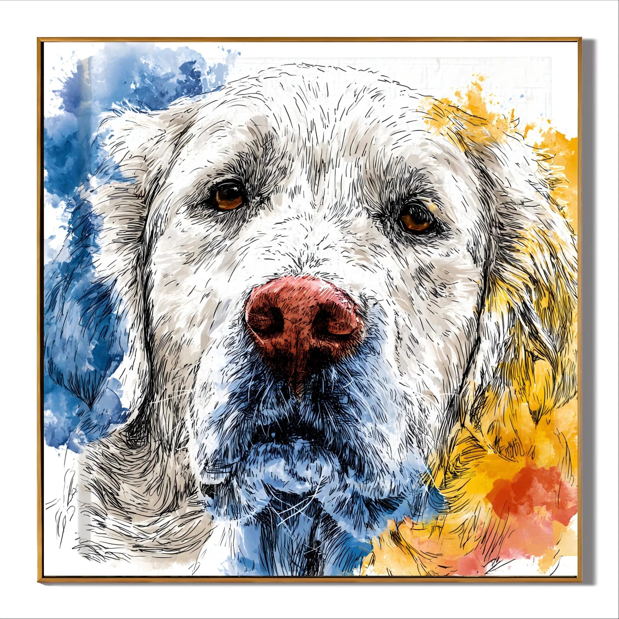 Blue and Yellow Cream Golden Retriever Portrait Hand-Painted Oil Painting | Modern Watercolor-Inspired Dog Wall Art for Living Room and Bedroom