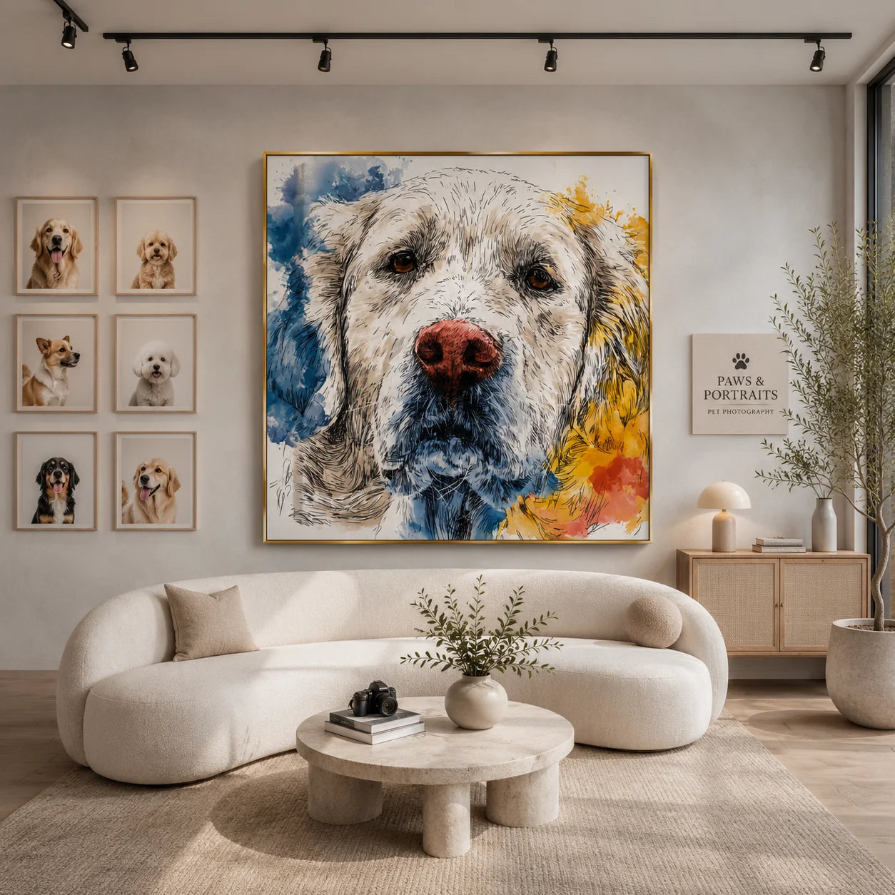Blue and Yellow Cream Golden Retriever Portrait Hand-Painted Oil Painting | Modern Watercolor-Inspired Dog Wall Art for Living Room and Bedroom