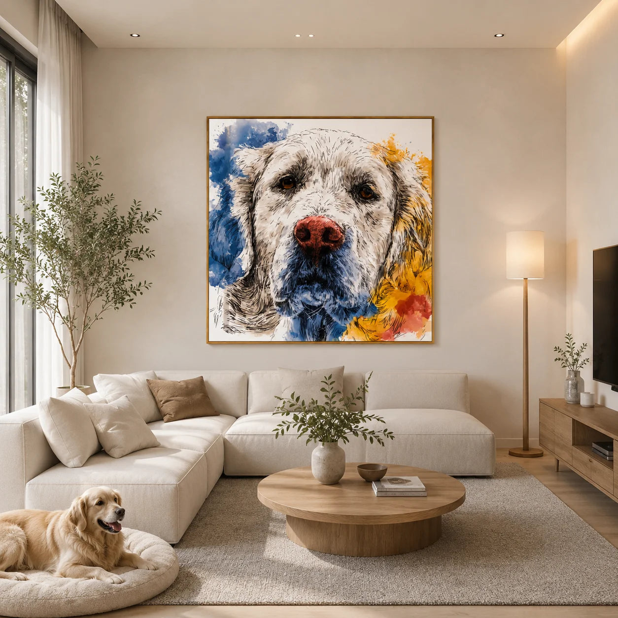 Blue and Yellow Cream Golden Retriever Portrait Hand-Painted Oil Painting | Modern Watercolor-Inspired Dog Wall Art for Living Room and Bedroom