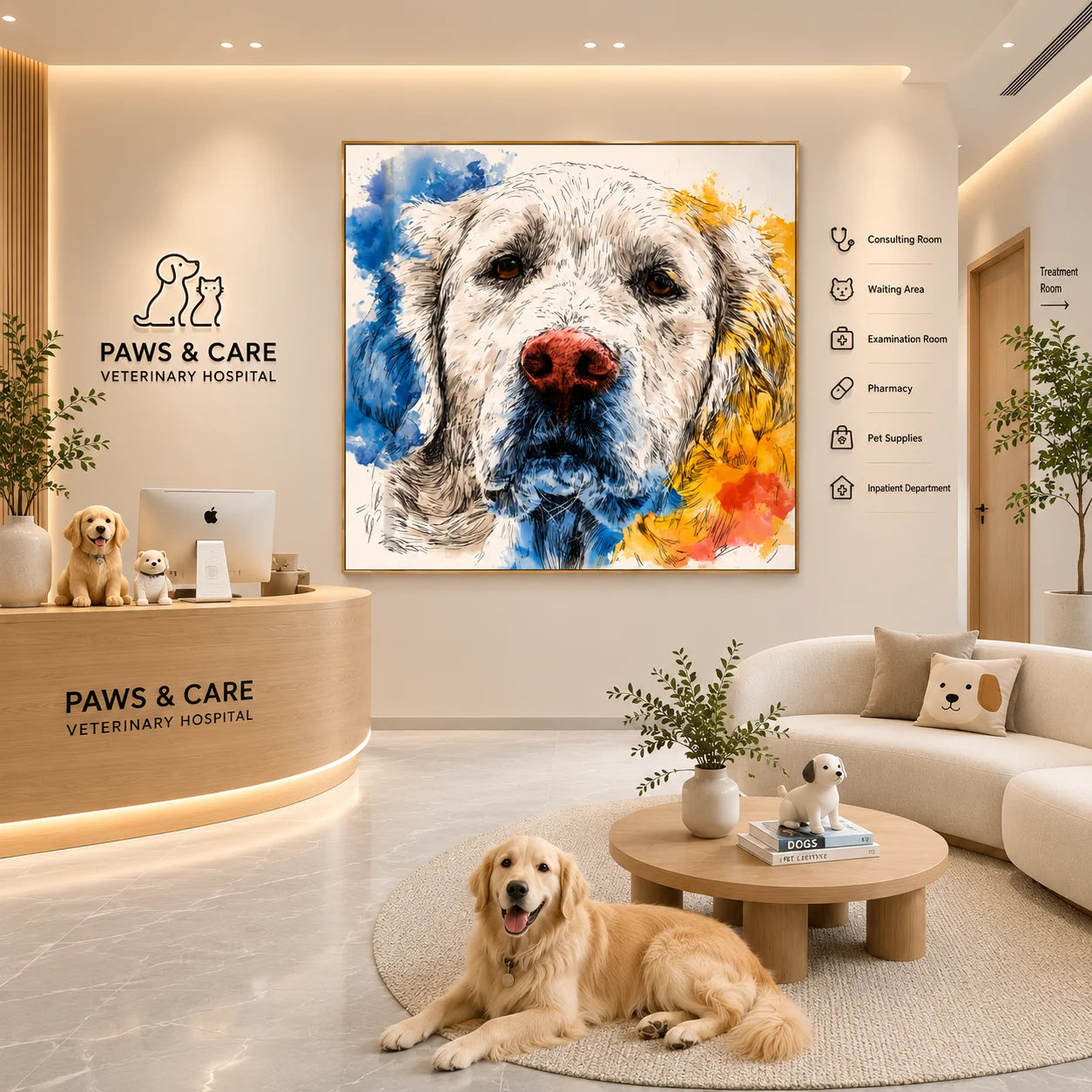 Blue and Yellow Cream Golden Retriever Portrait Hand-Painted Oil Painting | Modern Watercolor-Inspired Dog Wall Art for Living Room and Bedroom