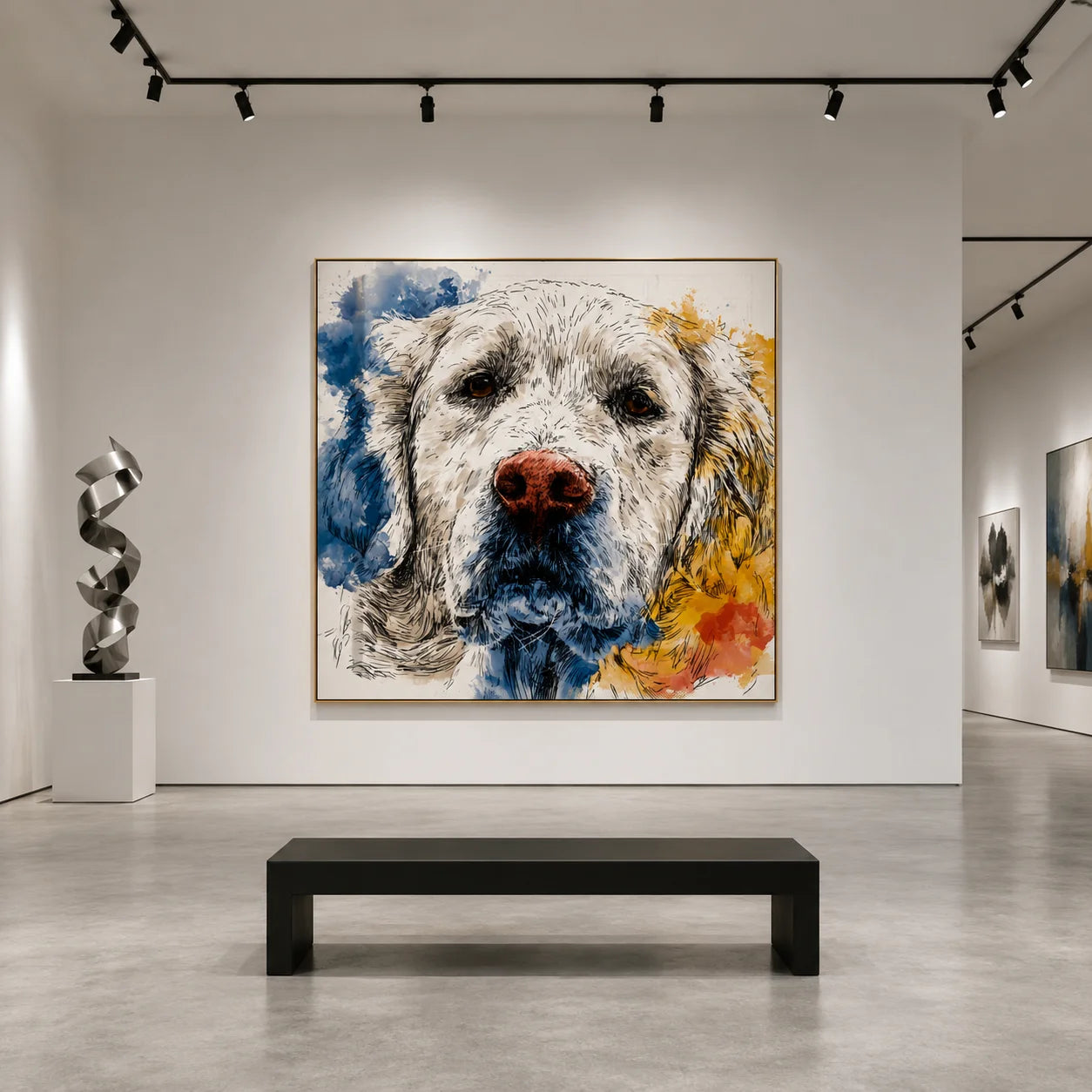 Blue and Yellow Cream Golden Retriever Portrait Hand-Painted Oil Painting | Modern Watercolor-Inspired Dog Wall Art for Living Room and Bedroom